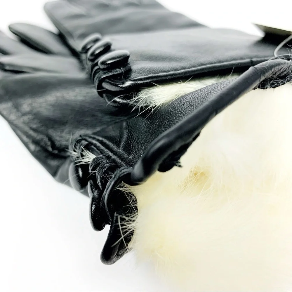 Sleek Black Authentic Leather Gloves With Real Off White Fur Lined Cuffs